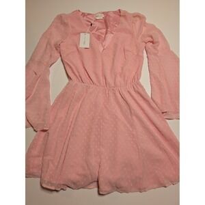 Lovers + Friends Pink Swiss Dot Romper Long Bell Sleeve V-Neck Size S NWT